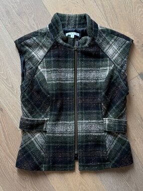 CAbi Green Plaid Zip-Front Wool blend Vest